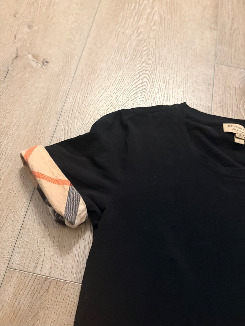 Burberry Black Short Sleeve Tee with Signature Check Cuffs - Picture 2 of 5